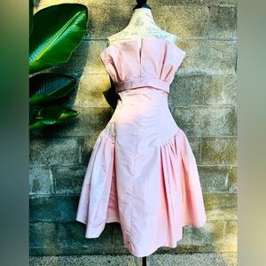 Vintage Victor Costa pink satin taffeta strapless full skirt midi S dress EVC